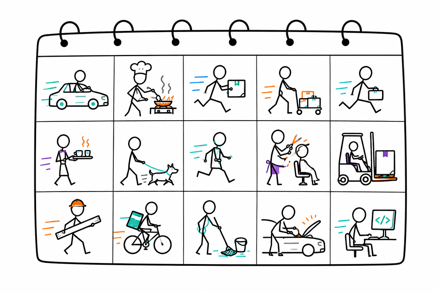 Different kinds of work shown in a calendar